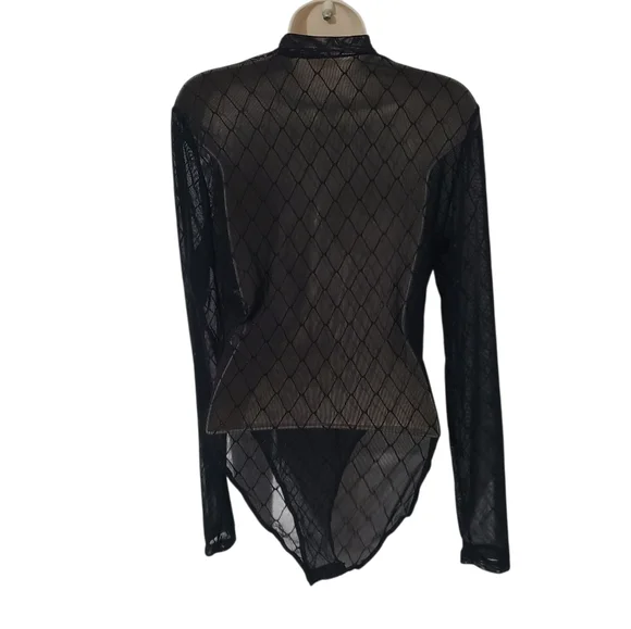 Black Mesh Diamond Pattern Mock Neck Bodysuit - Picture 2 of 4
